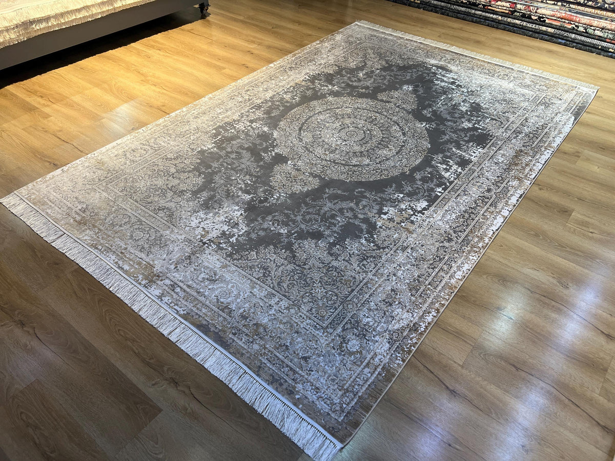 Gray Brown Silk Rug with Medallion and Border, Antique Distressed Style