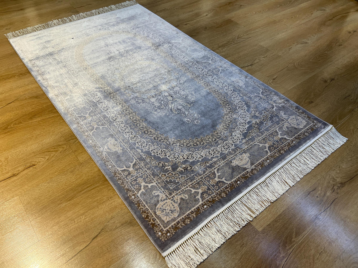 Gray Gold Medallion Silk Rug, 3x5 ft, Classic Luxury Small Area Rug