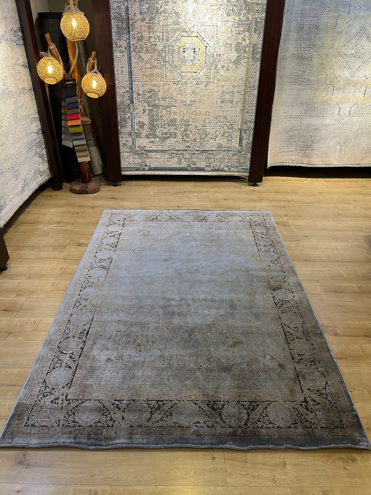 Gray Bamboo Silk Rug, Turkish Carpet, 5x8 ft, Living Room