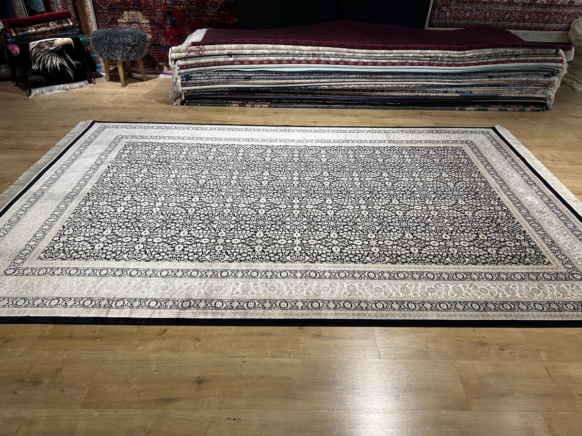 Black Silk Rug with Beige Floral Pattern, Classic Turkish Rug