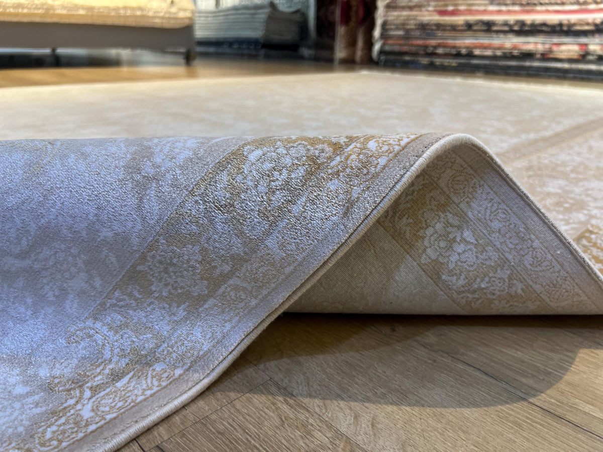 Cream Gold Silk Rug, Floral Pattern Classic Turkish Carpet