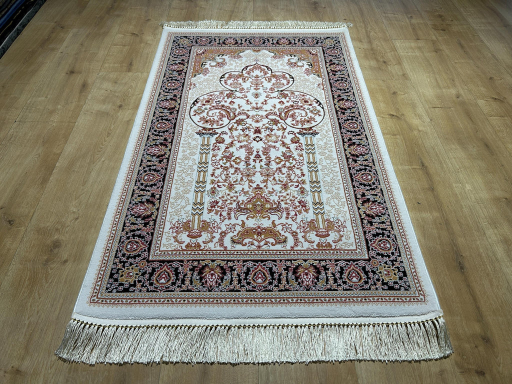 2.55x4.10 Ft Ivory Black Pink Silk Prayer Rug, Muslim Gift Prayer Mat