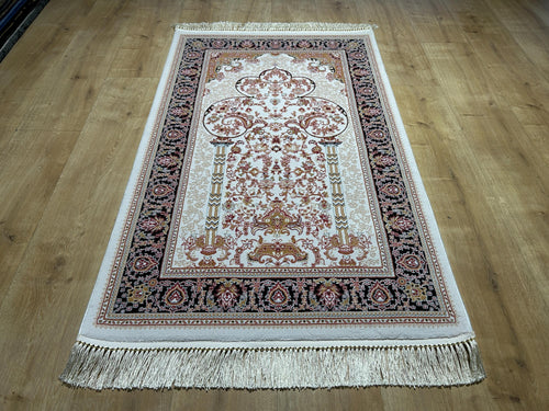 2.55x4.10 Ft Ivory Black Pink Silk Prayer Rug, Muslim Gift Prayer Mat