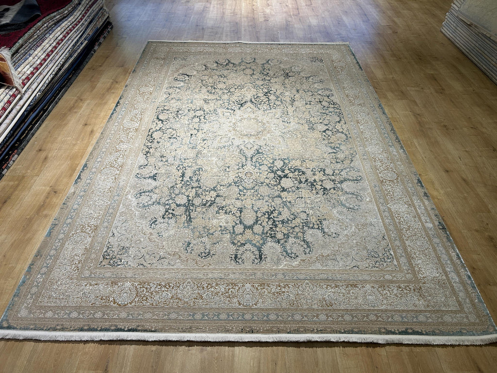 Beige Blue Silk Rug, Distressed Pattern Medallion Design, Classic Silk Carpet