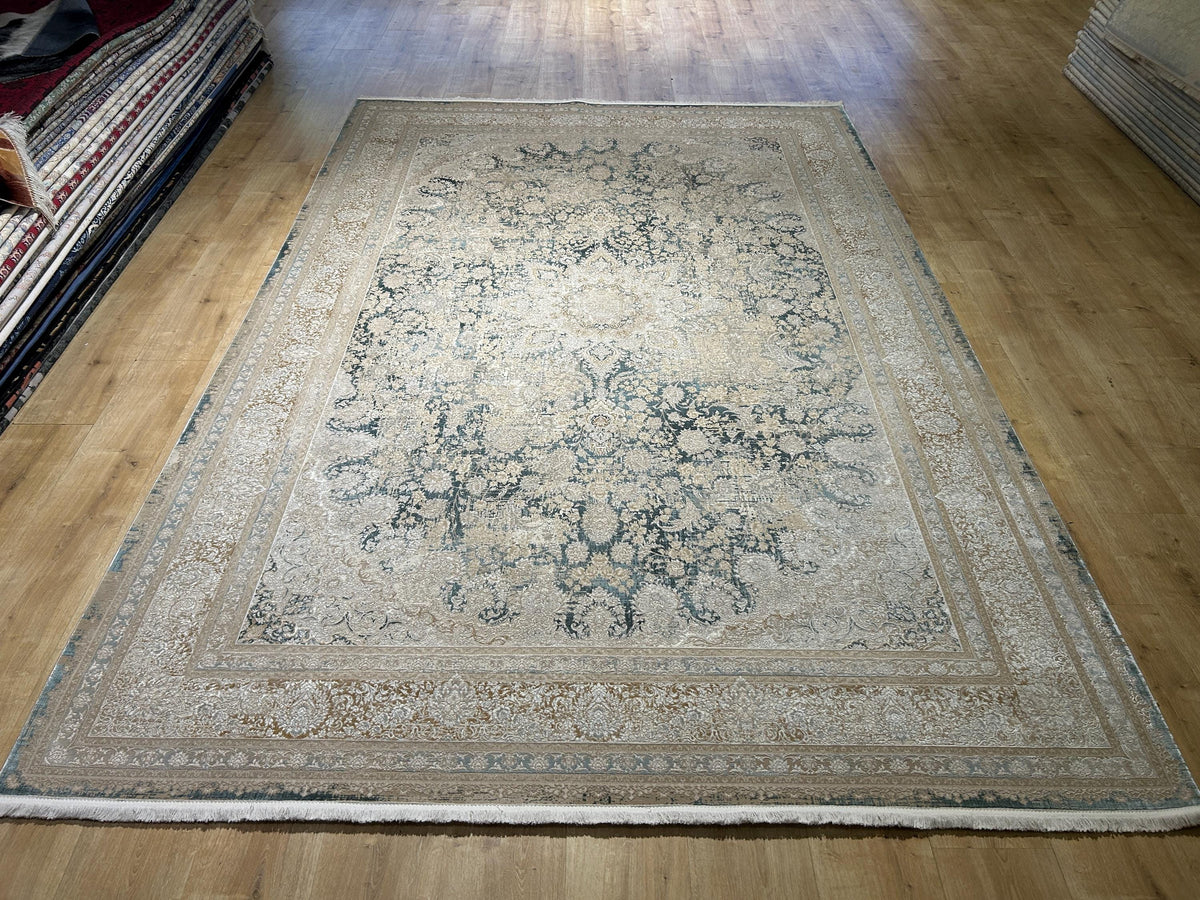 Beige Blue Silk Rug, Distressed Pattern Medallion Design, Classic Silk Carpet