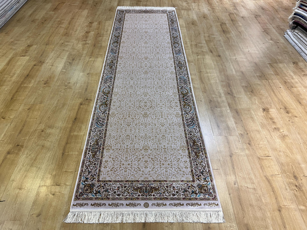 Cream Gold Silk Turkish Rug, 3x10 ft, Luxury Hallway Rug