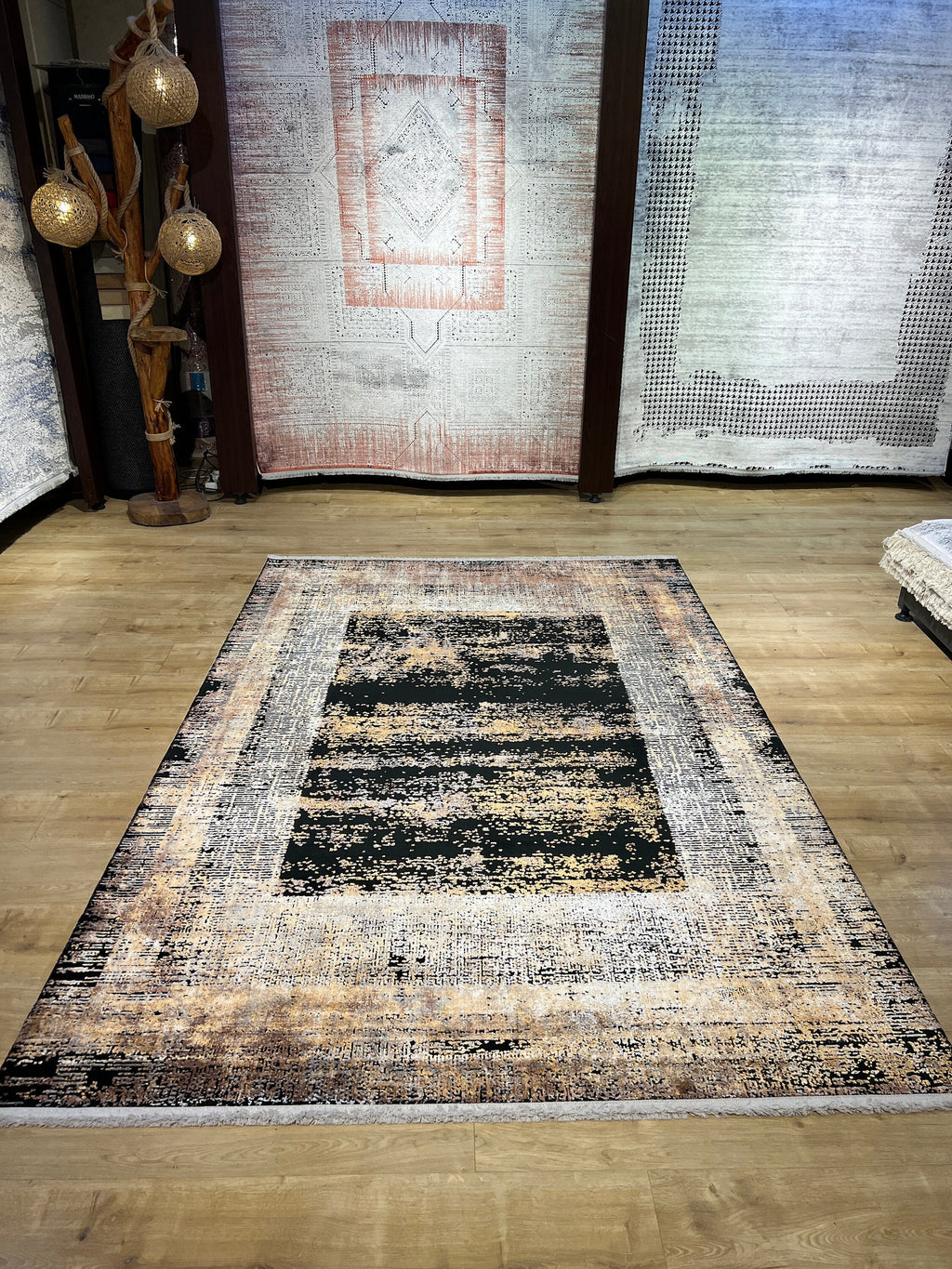5x8 ft Black Gold Abstract Modern Bamboo Area Rug