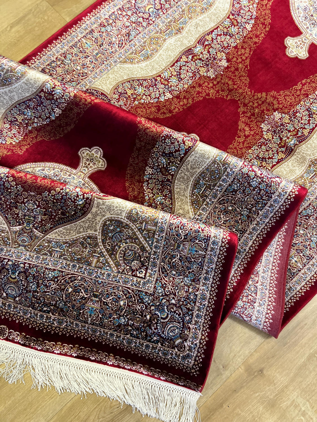 Red Medallion Silk Turkish Rug, Floral Pattern 3x10 ft Runner