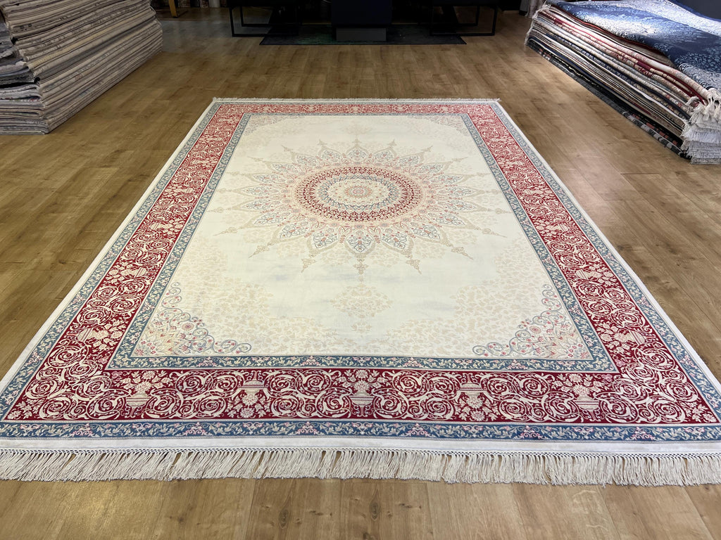 7x10 ft Cream Silk Rug with Red Blue Medallion and Border