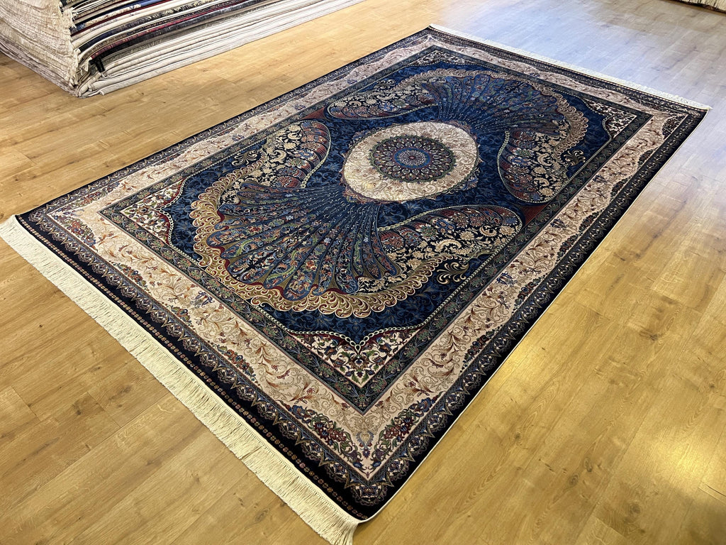 7x10 ft Navy Silk Rug with Peacock Medallion, Classic Luxury Design