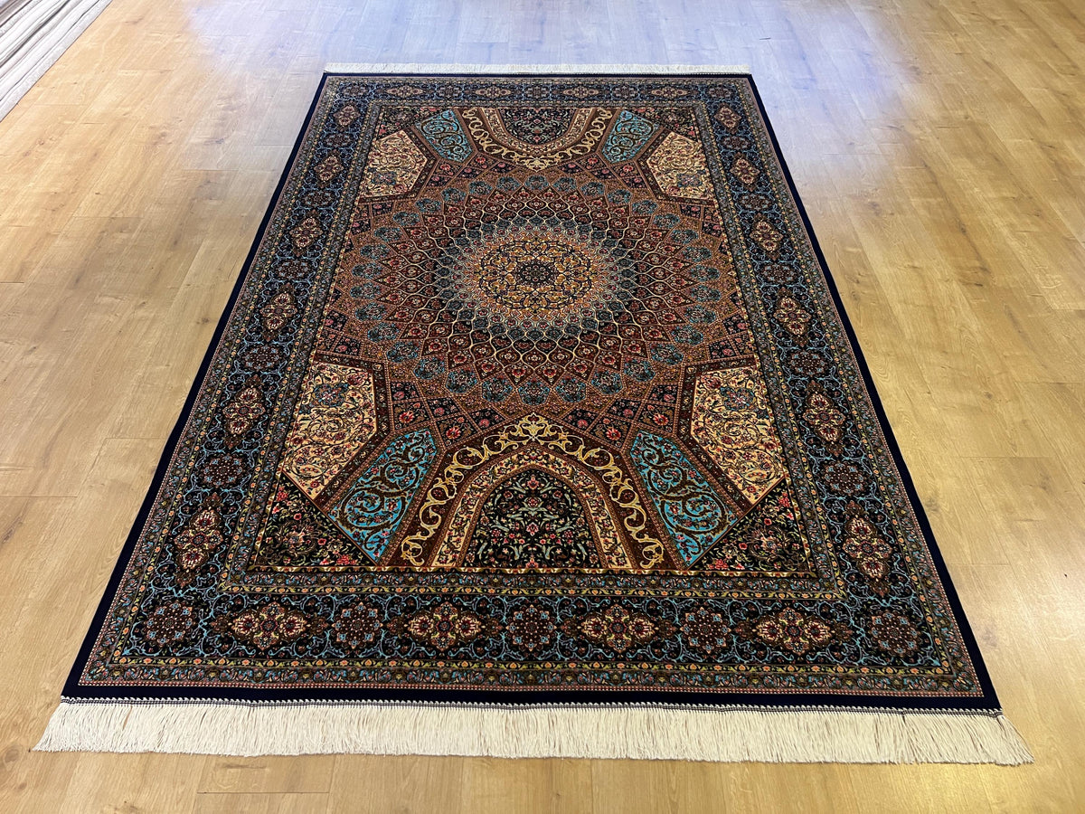 5x8 ft Silk Rug, Navy Blue Gold Medallion, Classic Turkish Style, Luxury Carpet