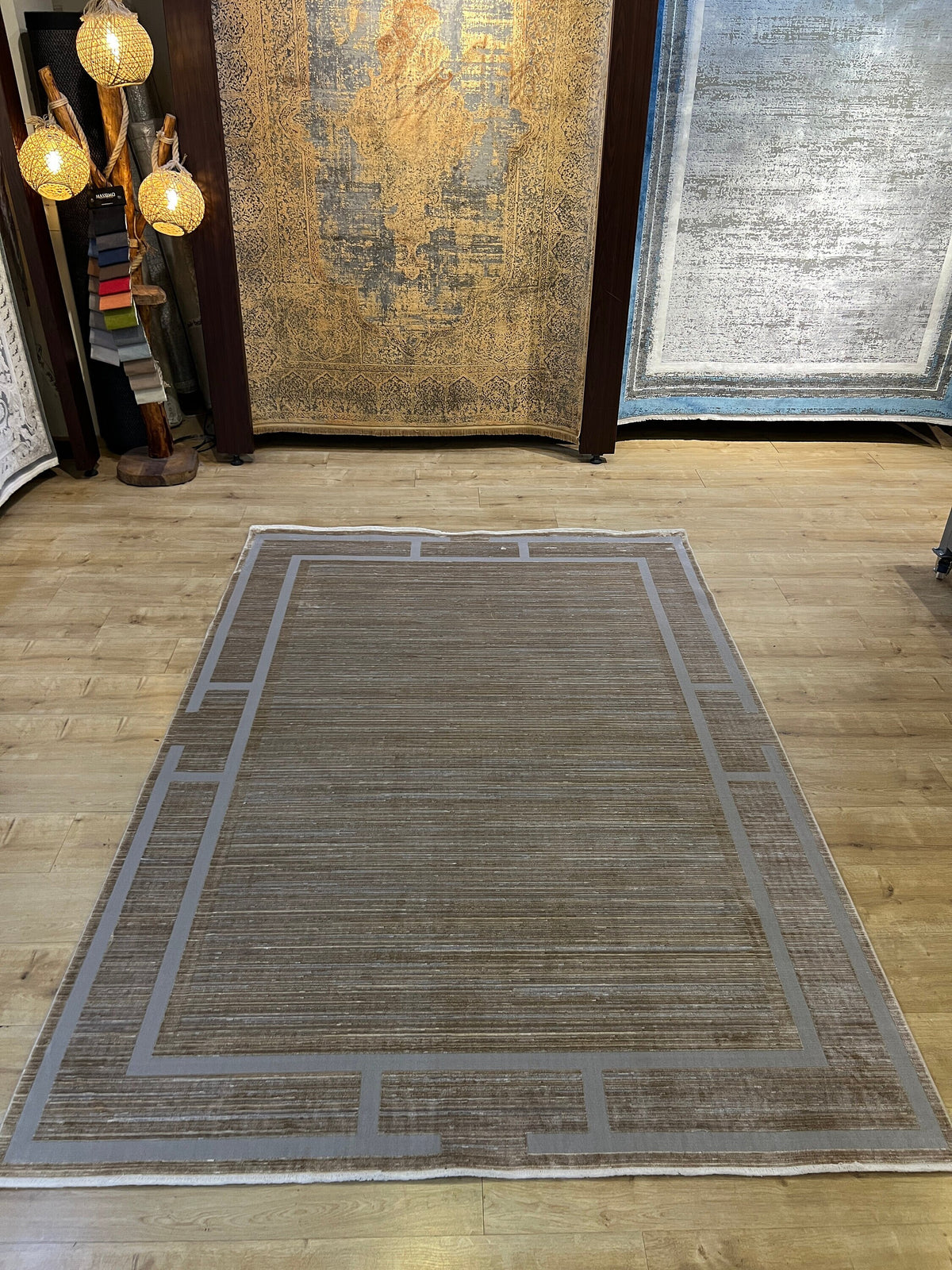 5x8 Ft Gold Brown Bamboo Rug with Modern Gray Border Design