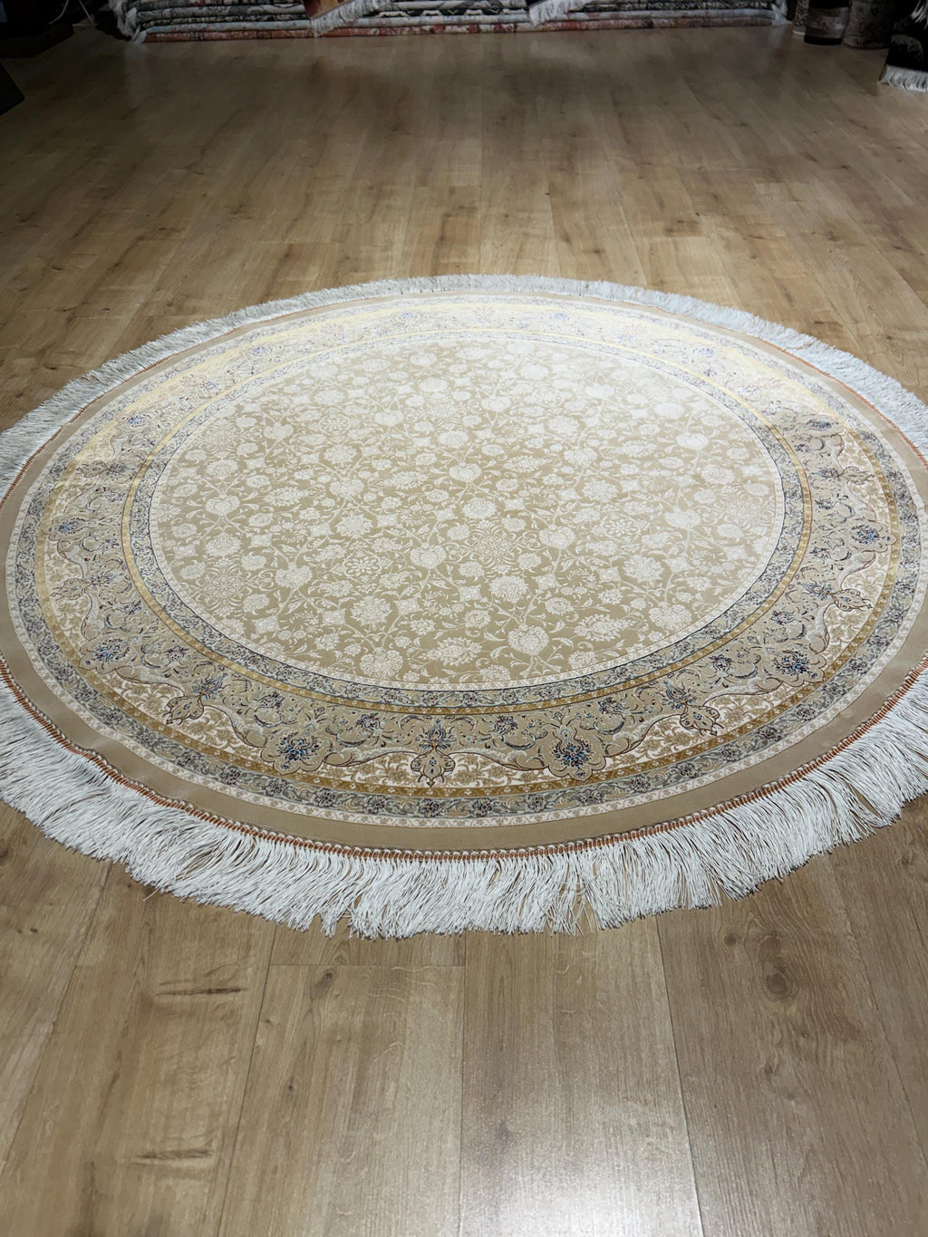5x5 ft Beige Round Silk Rug, Classic Turkish Style Carpet, Floral Design