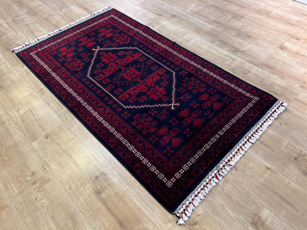 3x5 ft Dark Blue Red Carpet, Anatolian Style Rug, Turkish Pattern Carpet, Authentic Patterned