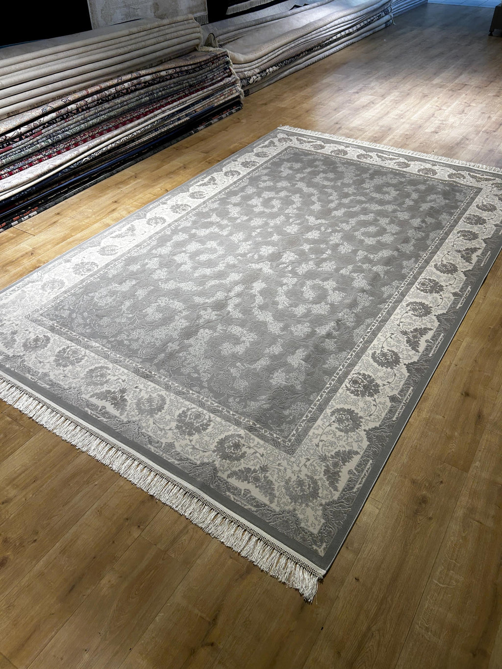 Gray Silk Bamboo Rug, 7x10 ft, Floral Pattern Bordered Turkish Rug