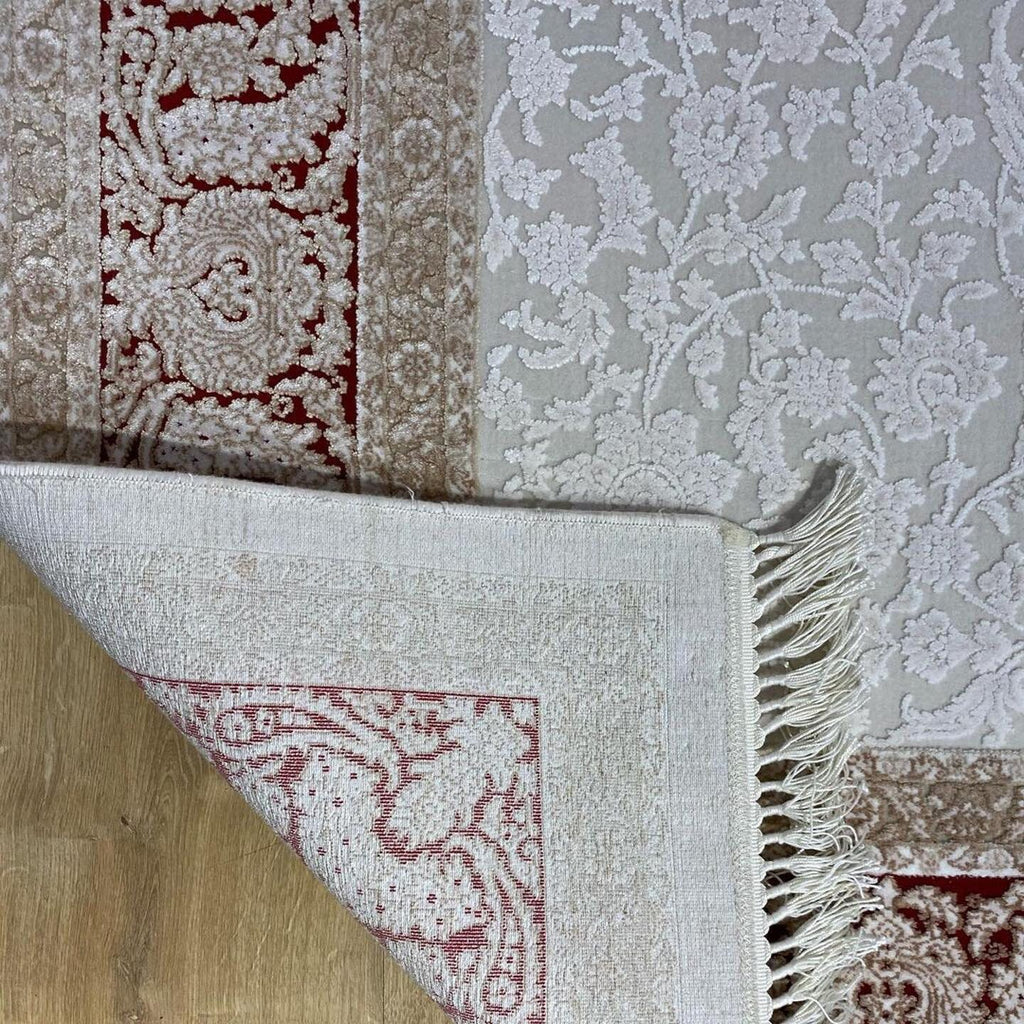 Beige Red Bamboo Rug, Turkish Carpet, Home Decor (5x8 ft)