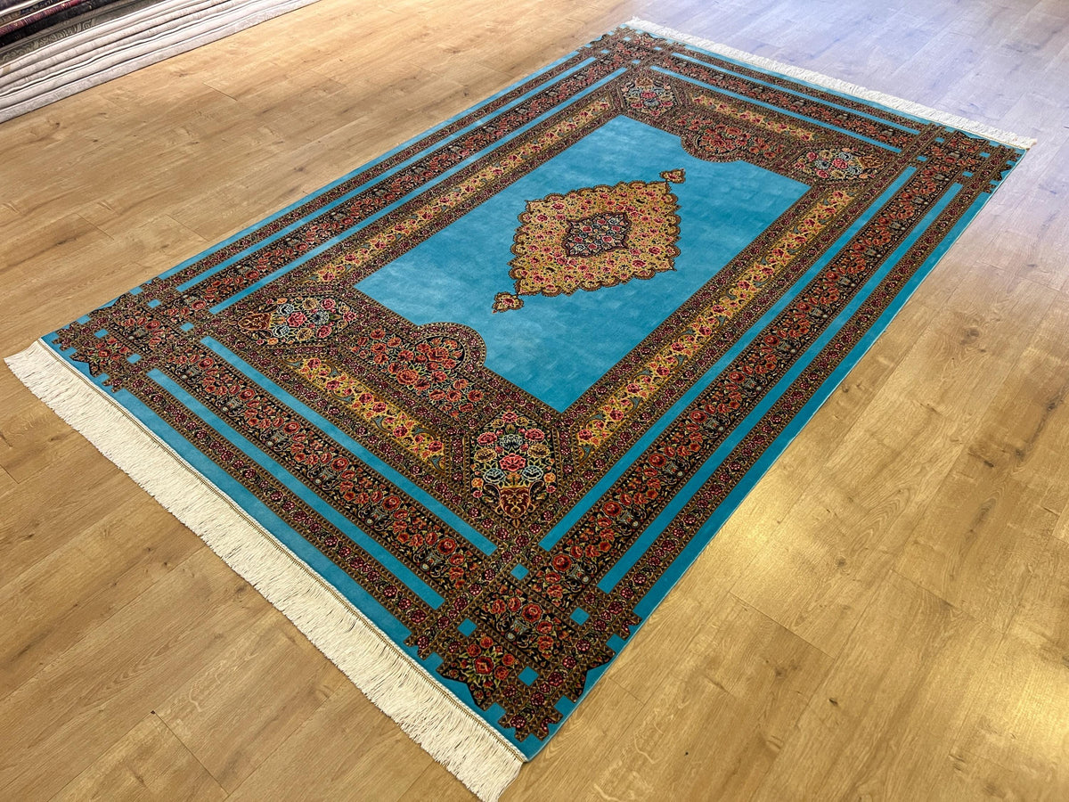 5x8 ft Blue Silk Rug, Floral Medallion and Border Design, Luxury Home Decor