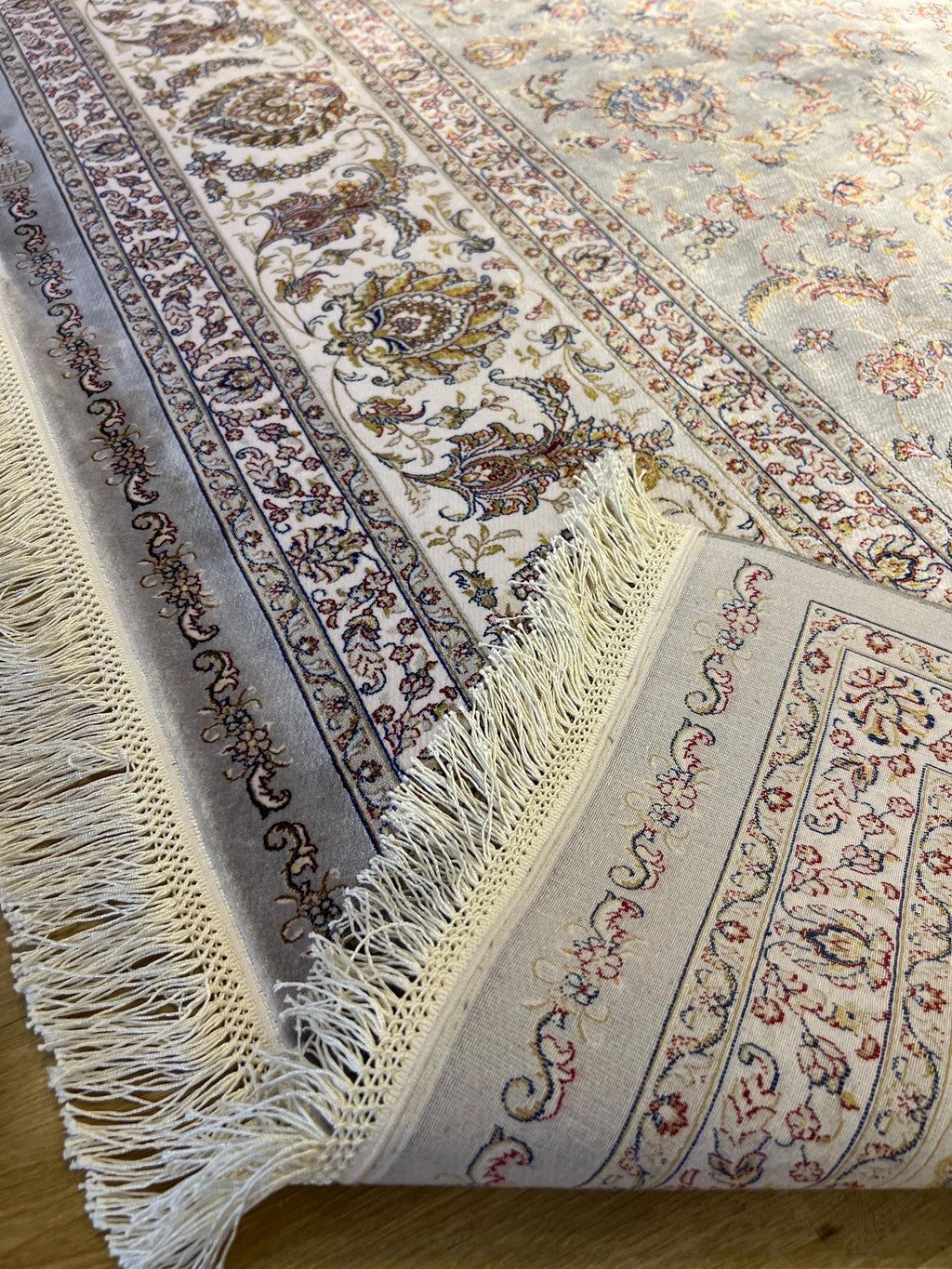 7x10 ft Gray Floral Silk Rug, Classic Turkish Silk Carpet, Luxury Home Decor