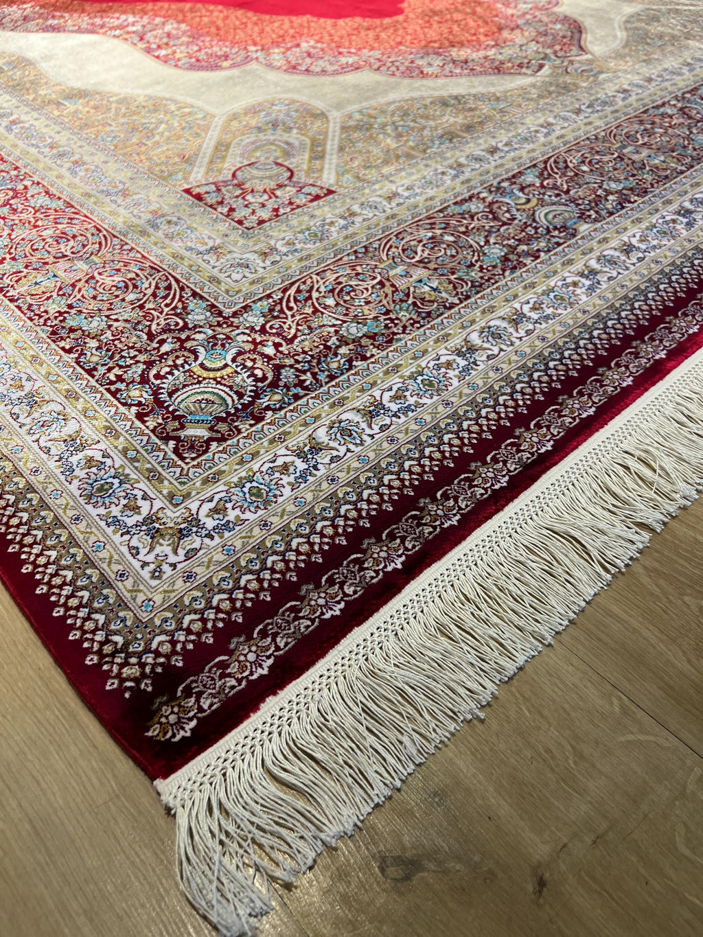7x10 ft Large Modal Silk Rug, Red Gold Center Medallion, Luxury Living Room Decor