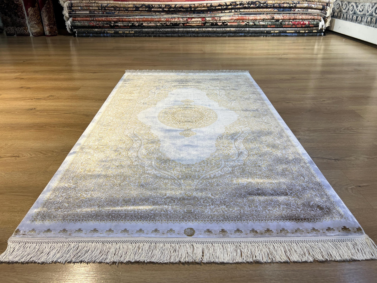 Ivory Silk Rug with Gold Pattern and Medallion, 3x5 ft, Classic Luxury Small Rug