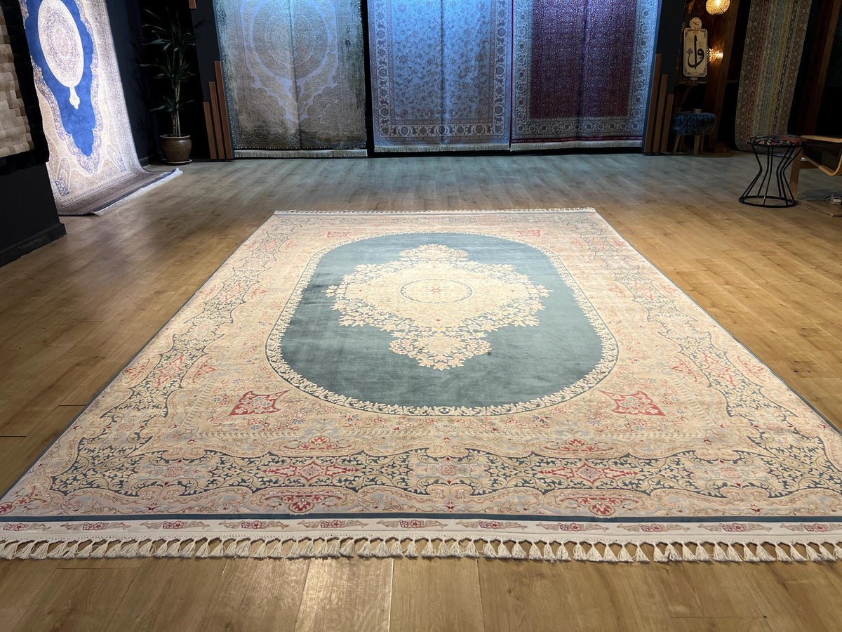 Blue Beige Silk Palace Rug, Traditional Turkish Carpet 8x11