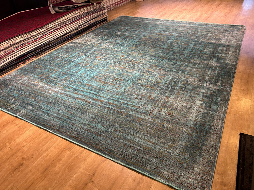 10x13 ft Turquoise Bamboo Rug, Distressed Pattern, Modern Rug
