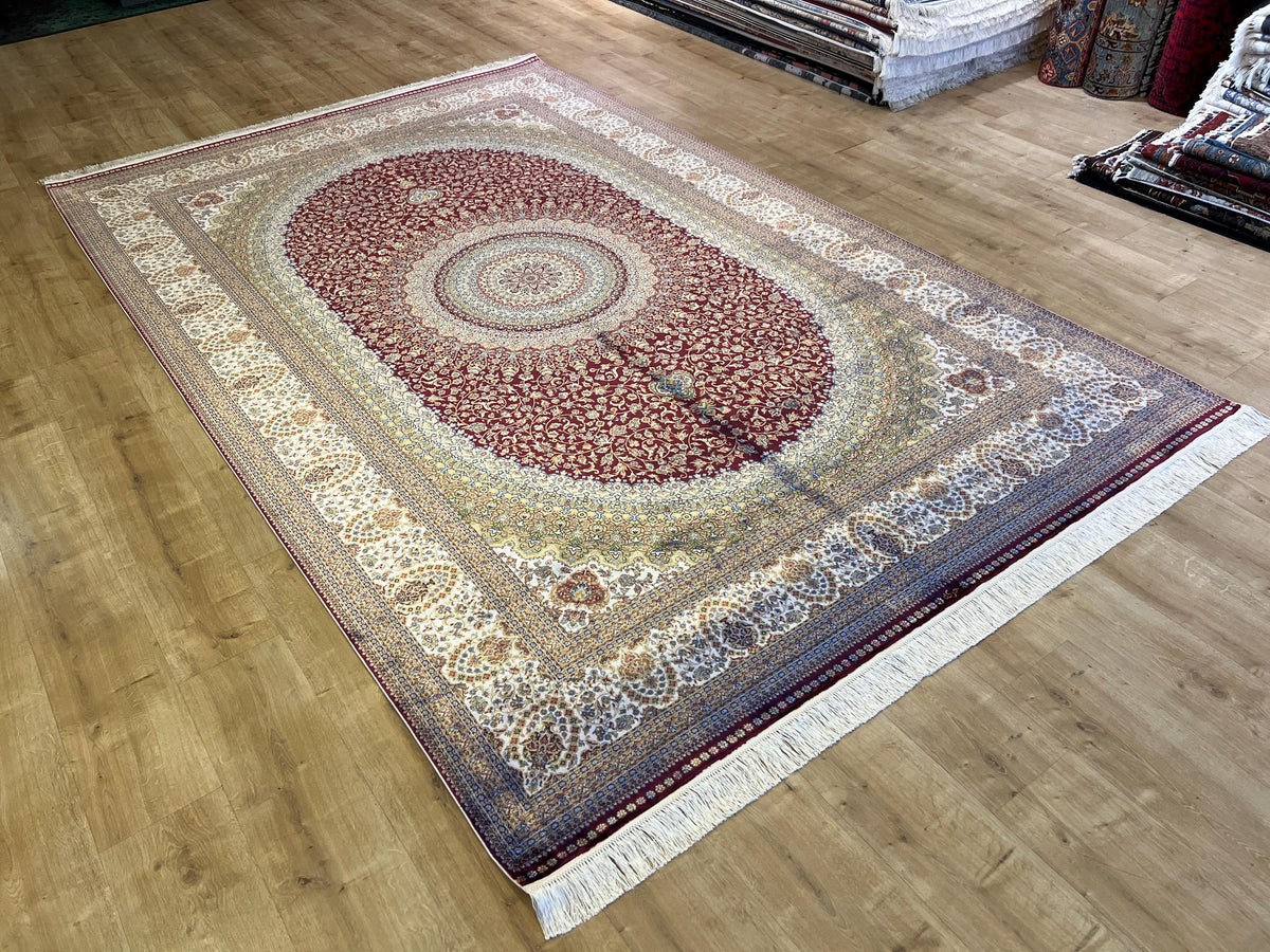 7x10 ft Red Silk Bamboo Rug, Medallion Design Carpet, Ottoman Style Carpet
