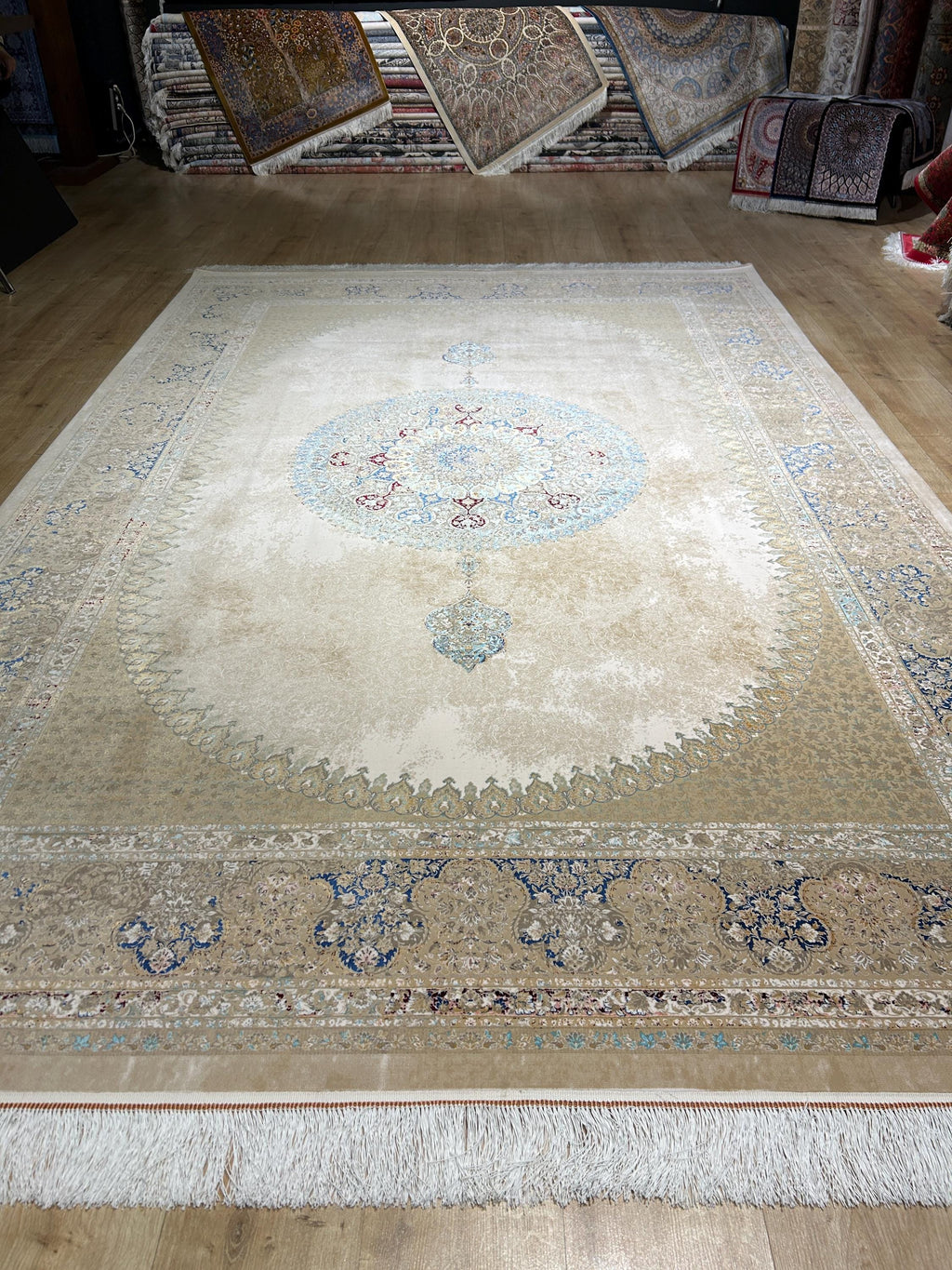 7x10 Beige Silk Rug, Blue Medallion Classic Luxury Turkish Carpet