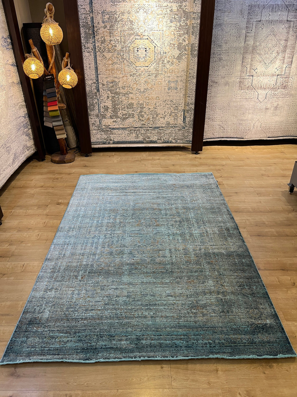 Blue Traditional Bamboo Rug, Distressed Pattern Rug, Luxury Home Decor