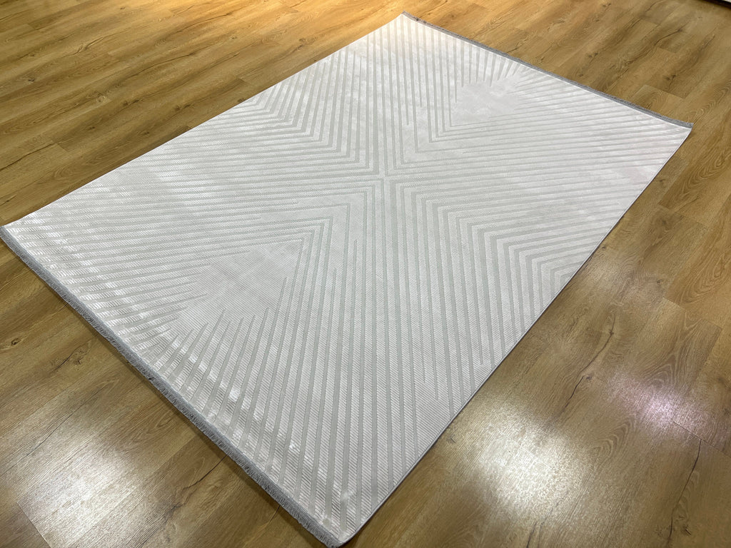 Cream Gray Bamboo Acrylic Rug, Turkish Modern Design, 5x8 ft