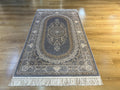 Gray Gold Medallion Silk Rug, 3x5 ft, Classic Luxury Small Area Rug