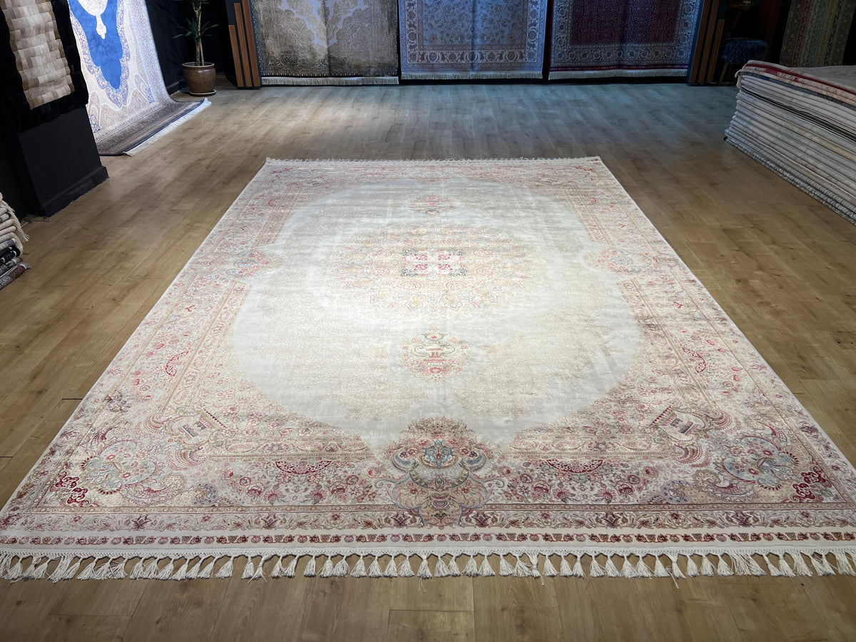 Cream Medallion Silk Rug, Turkish Style Home DEcor, 8x11 ft