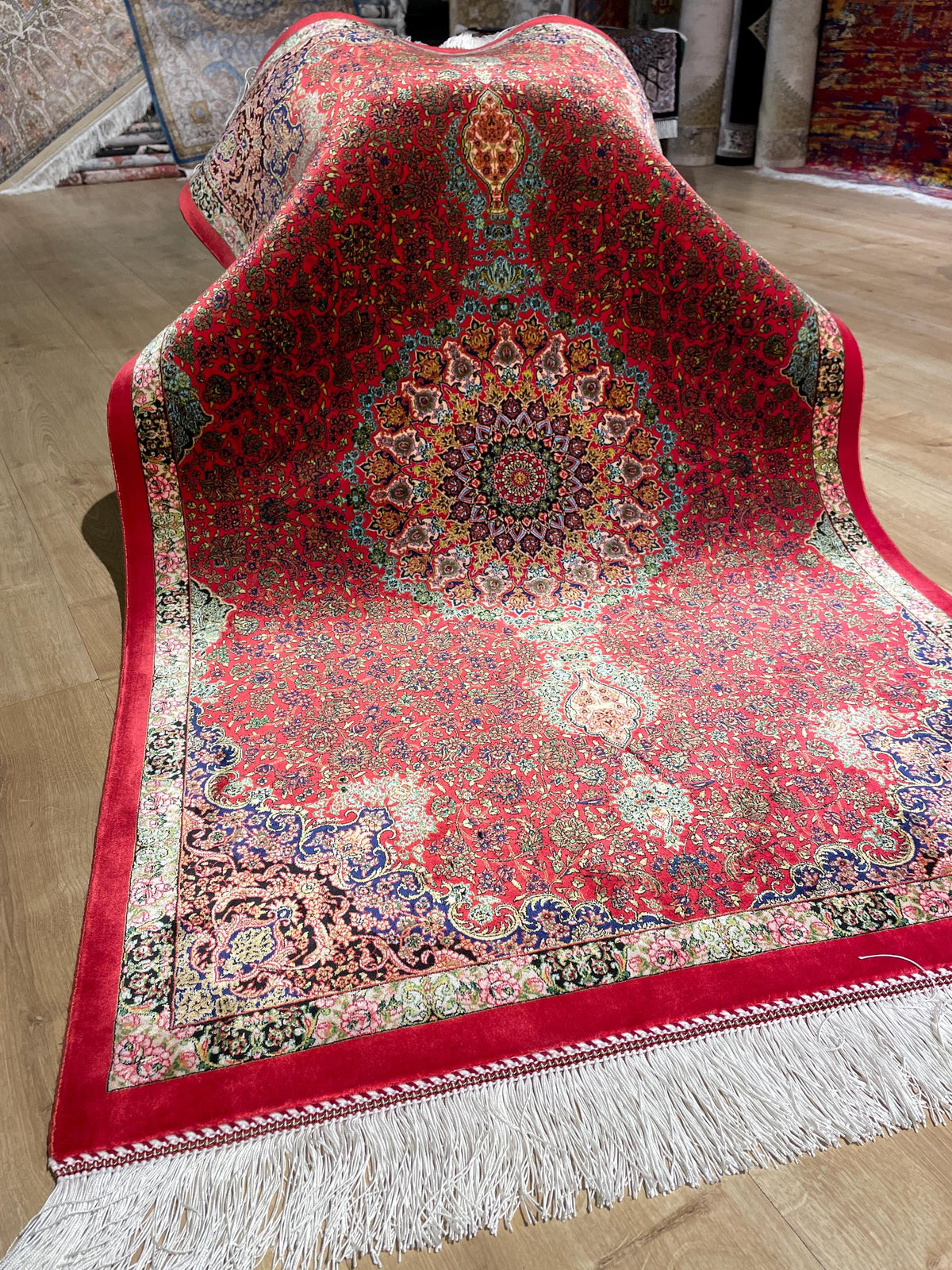 Red Small Silk Rug, Medallion Design Small Gift Carpet, Luxury Home Decor