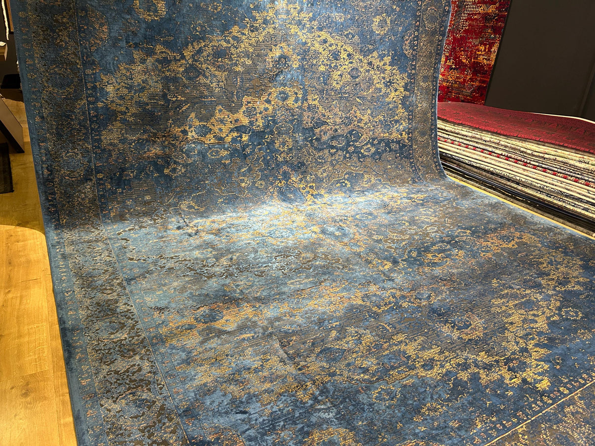 10x13 ft Blue Gold Gray Bamboo Rug, Distressed Pattern, Modern Rug