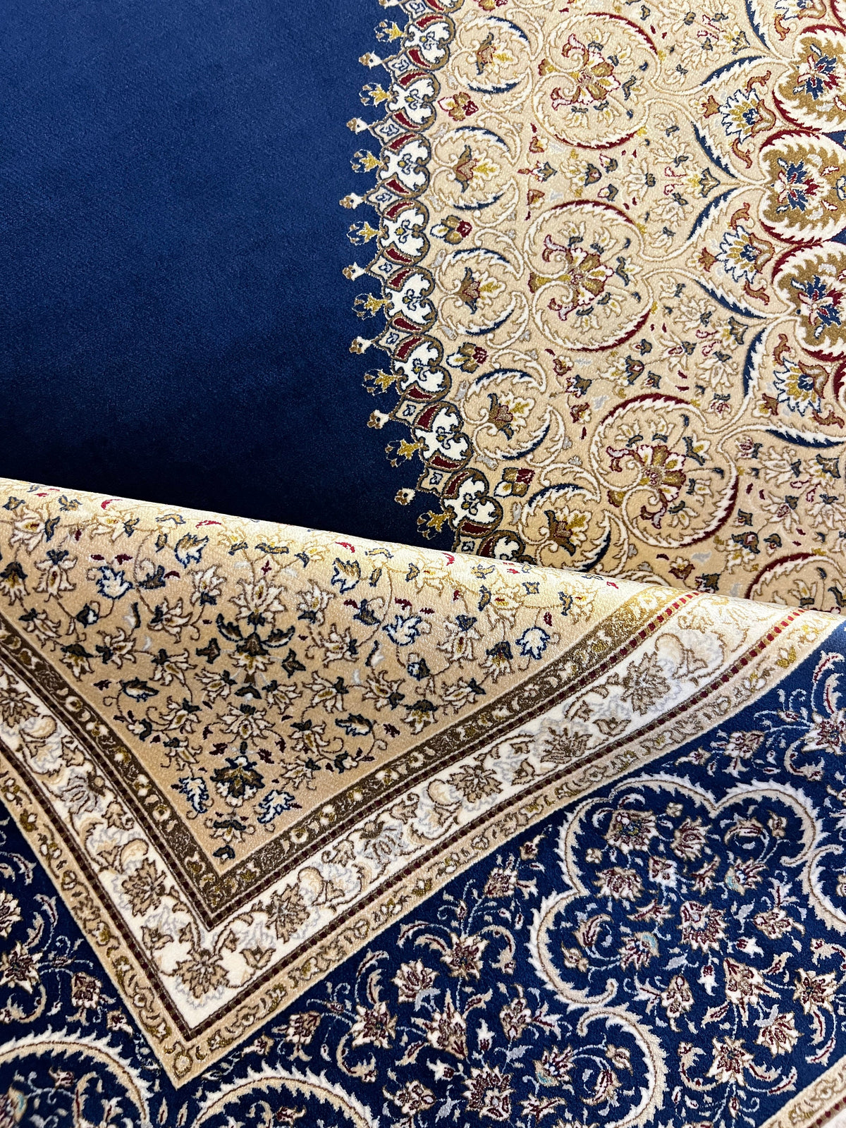 7x10 ft Elegant Silk Rug, Navy Ground Gold Medallion Classic Design