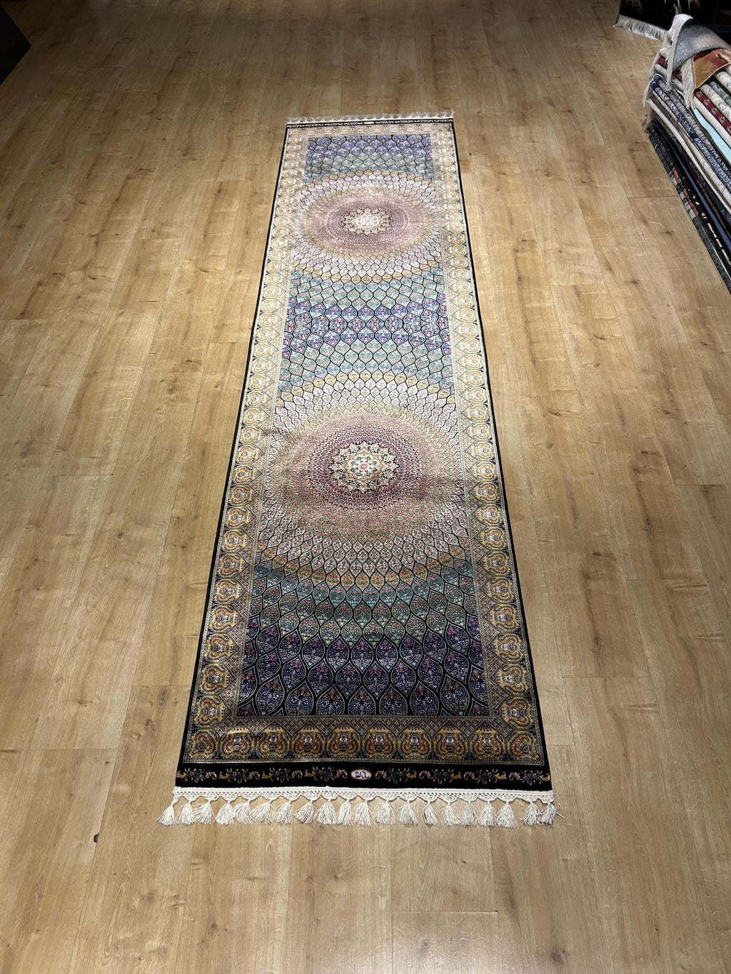 Blue Gold Silk Runner Rug, Medallion Peacock Tail Design Rug, Traditional Carpet