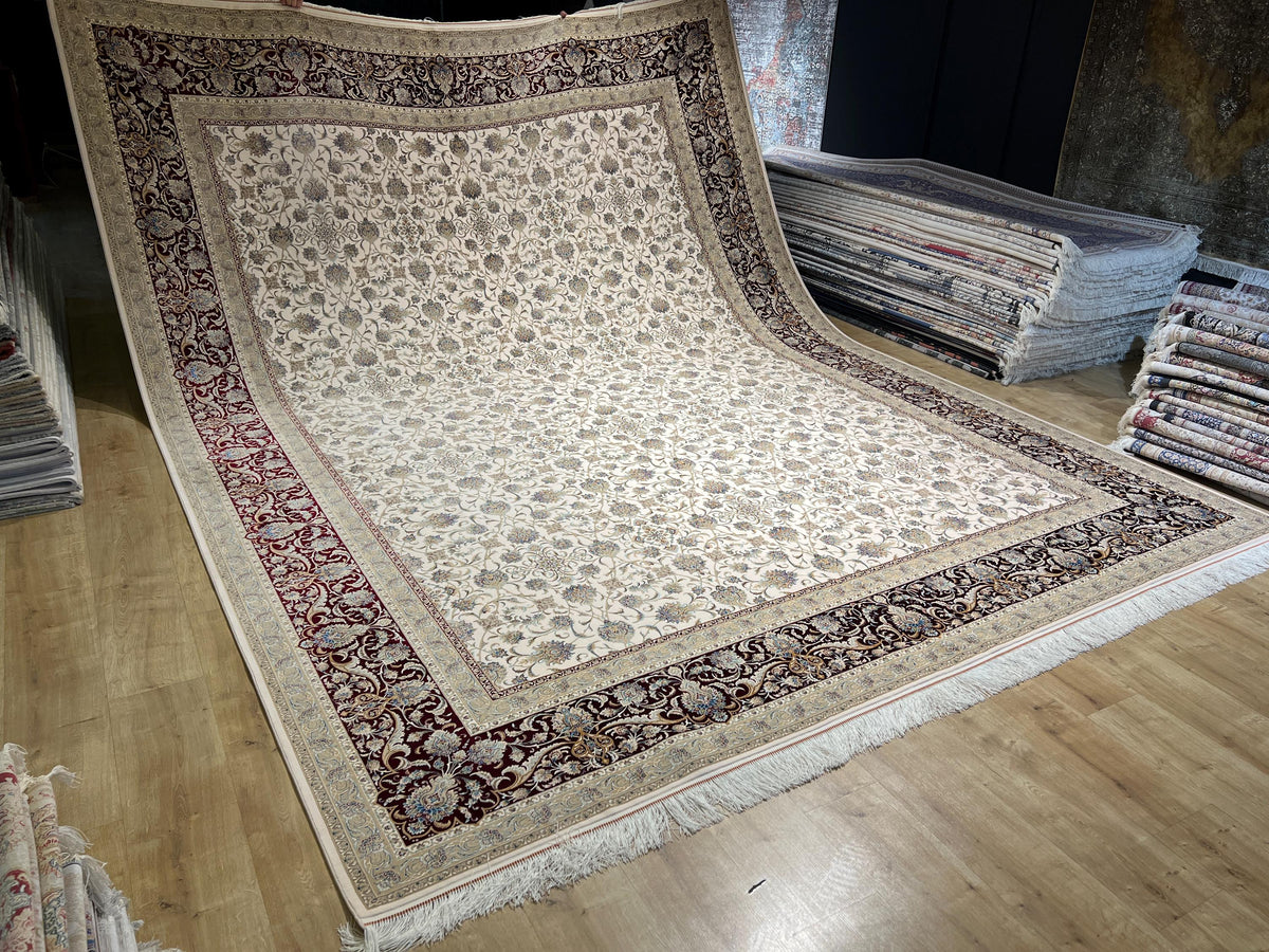 Cream Red Silk Rug, 10x13 ft, Large Classic Luxury Area Rug