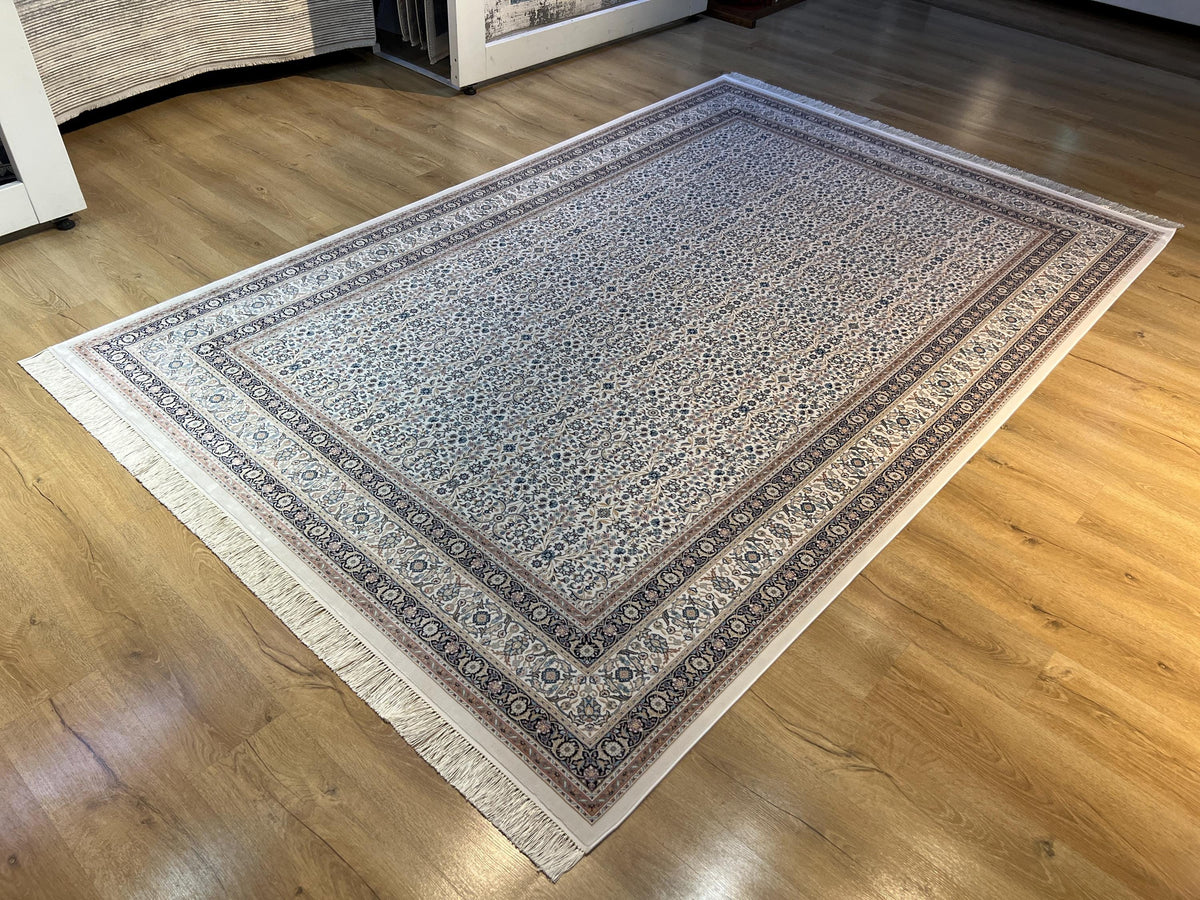7x10 ft Ivory Silk Rug with Floral Border, Oversize Rug, Classic Turkish Style