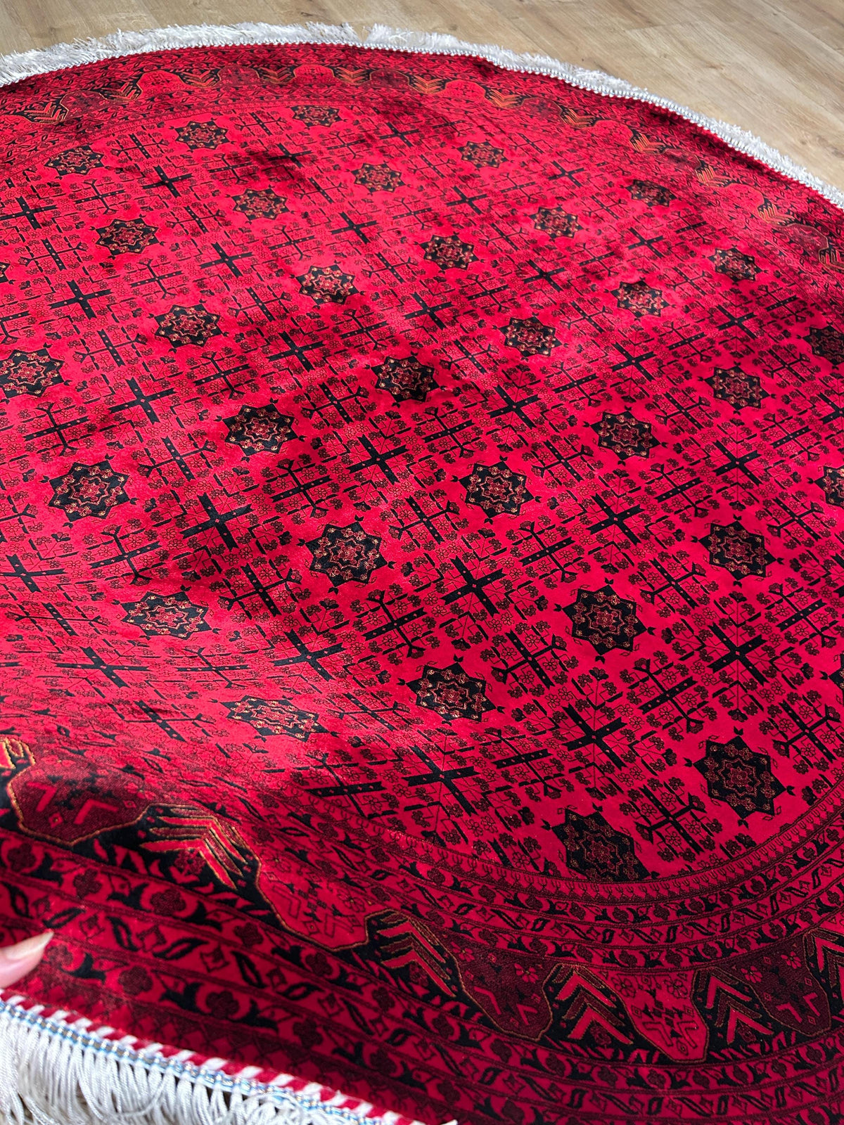 5x5 Ft Red Silk Round Rug, Ethnic Pattern Turkish Silk Carpet, Traditional Design