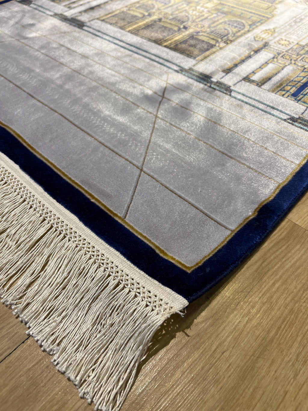 Gray Mosque Design Silk Prayer Rug with Blue Border