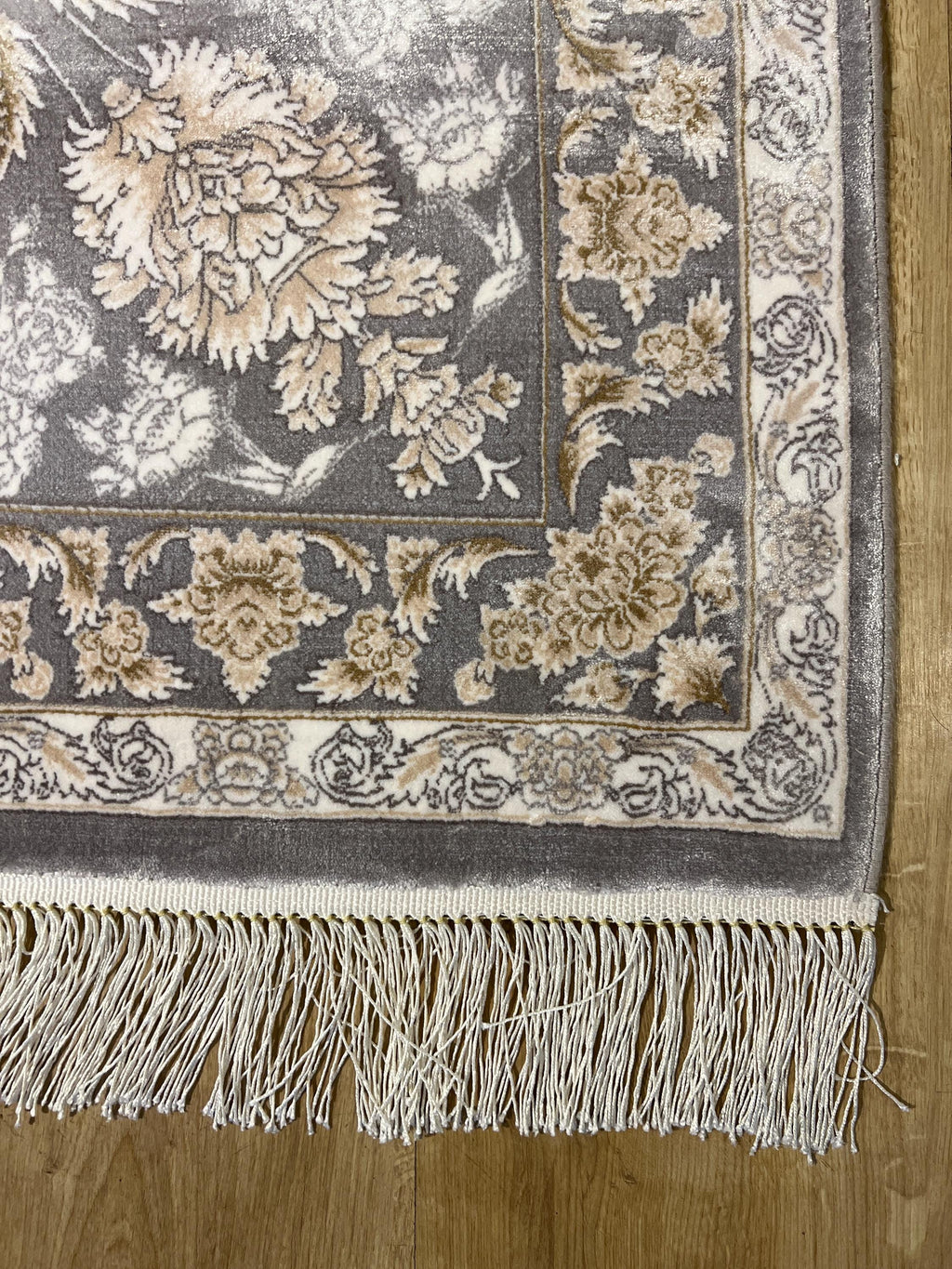 10x13 ft Gray Classic Silk Rug with Beige Floral Motifs, Big Silk Carpet