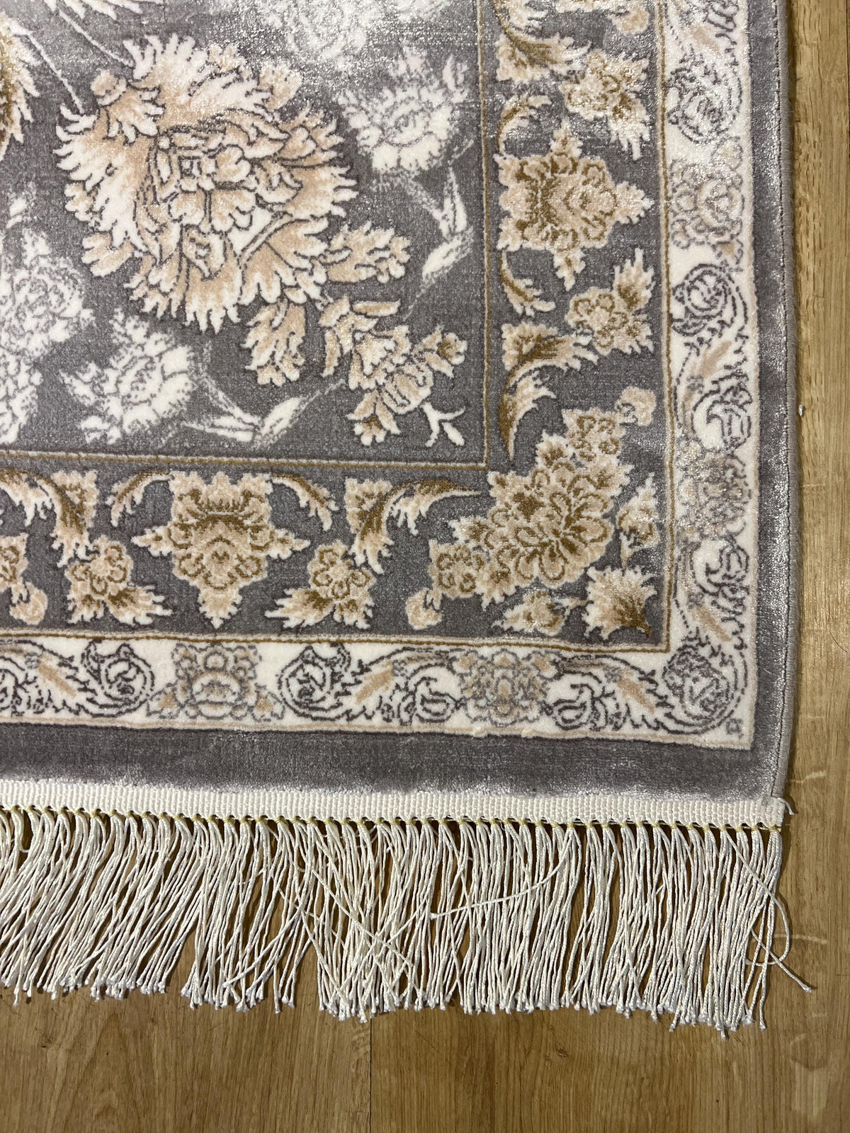 10x13 ft Gray Classic Silk Rug with Beige Floral Motifs, Big Silk Carpet