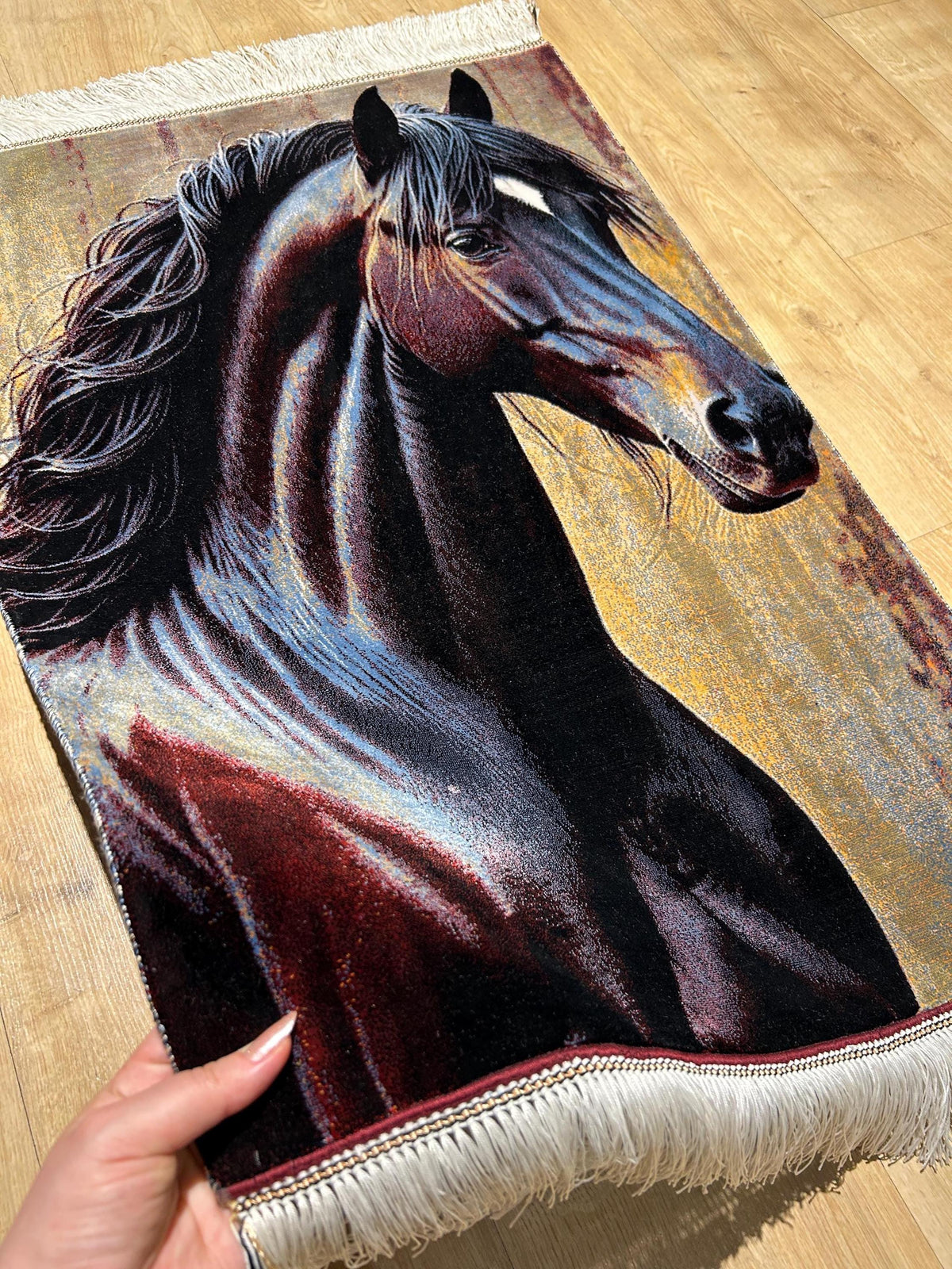 Horse Portrait Tapestry, Black Horse Silk Rug, Woven Wall Hanging, Rustic Home Decor