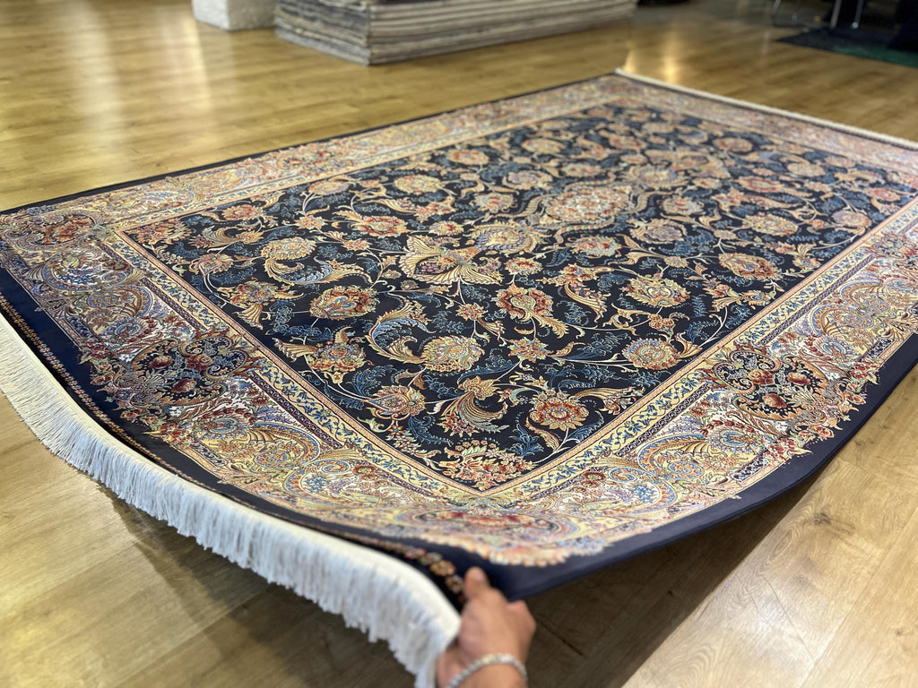 Dark Blue Silk Rug 6.5x9.8 ft, Traditional Turkish Carpet