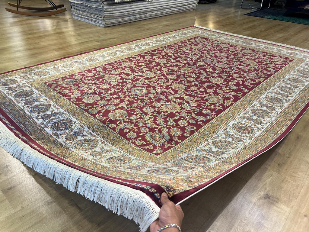 7x10 ft Red Silk Bamboo Rug , Traditional Floral Pattern Classic Carpet