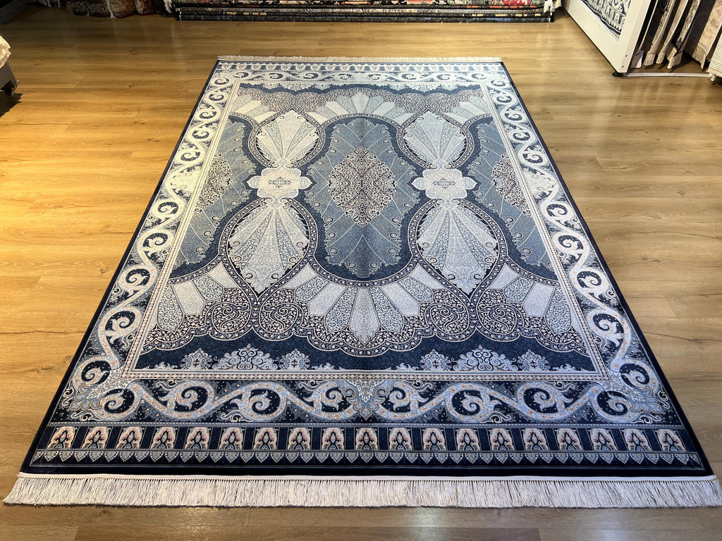 7x10 ft Navy Blue Silk Rug, Classic Ornamental Pattern, Turkish Silk Rug