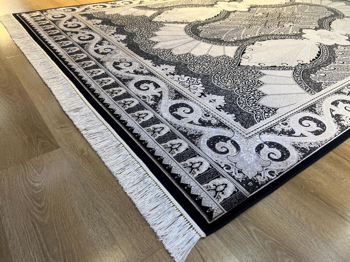 Black Silk Area Rug with Elegant Classic Motifs, Oversize Rug