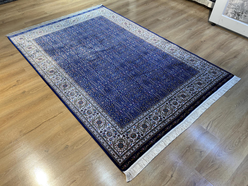 5x8 ft Navy Blue Silk Rug, Floral Border Design, Turkish Style Carpet, Luxury Rug