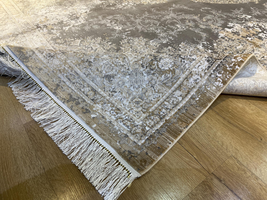 Gray Brown Silk Rug with Medallion and Border, Antique Distressed Style