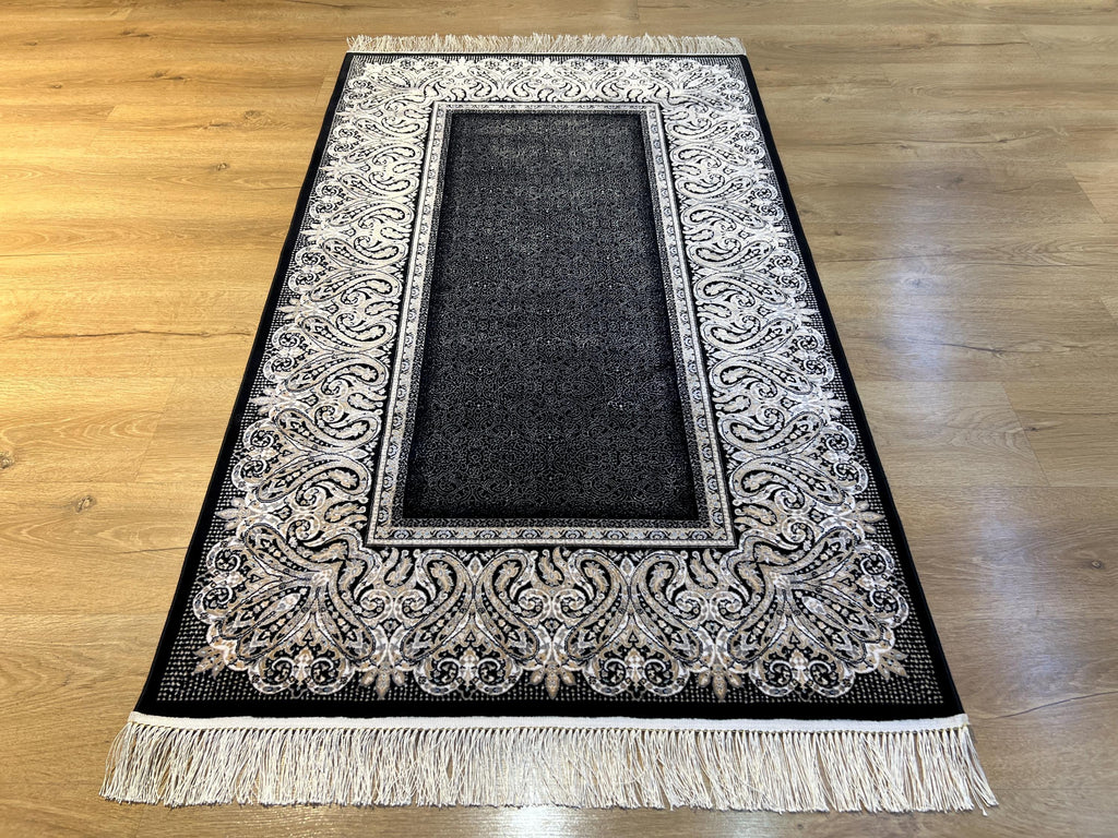 Black Silk Rug with Framed Border, 3x5 ft, Classic Luxury Small Rug